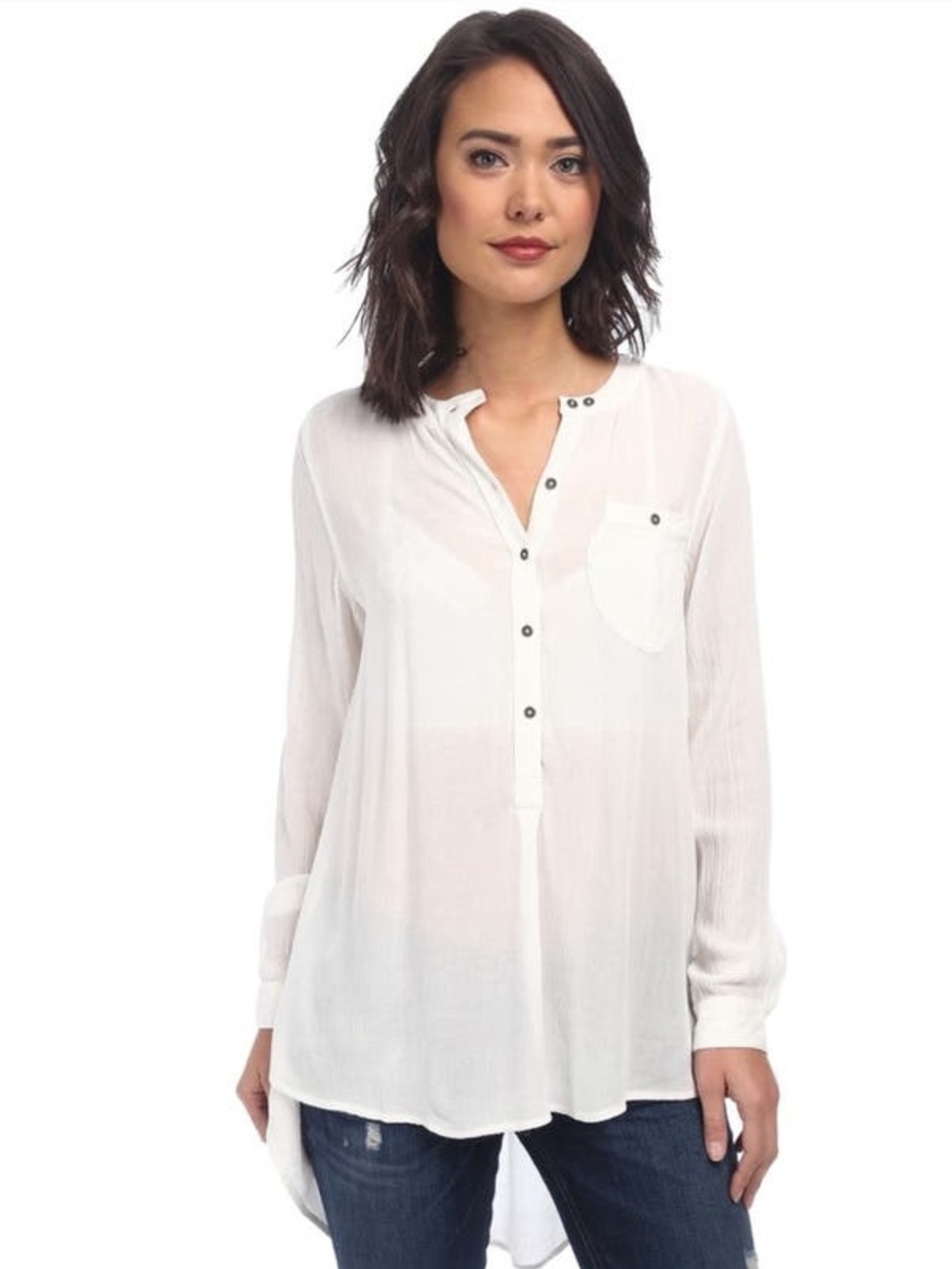 Free People Gauzy Boyfriend Button Henley Shirt